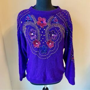 MARNIE WEST Sweater Vintage Silk Angora Sequins Embellished Floral Purple 80s